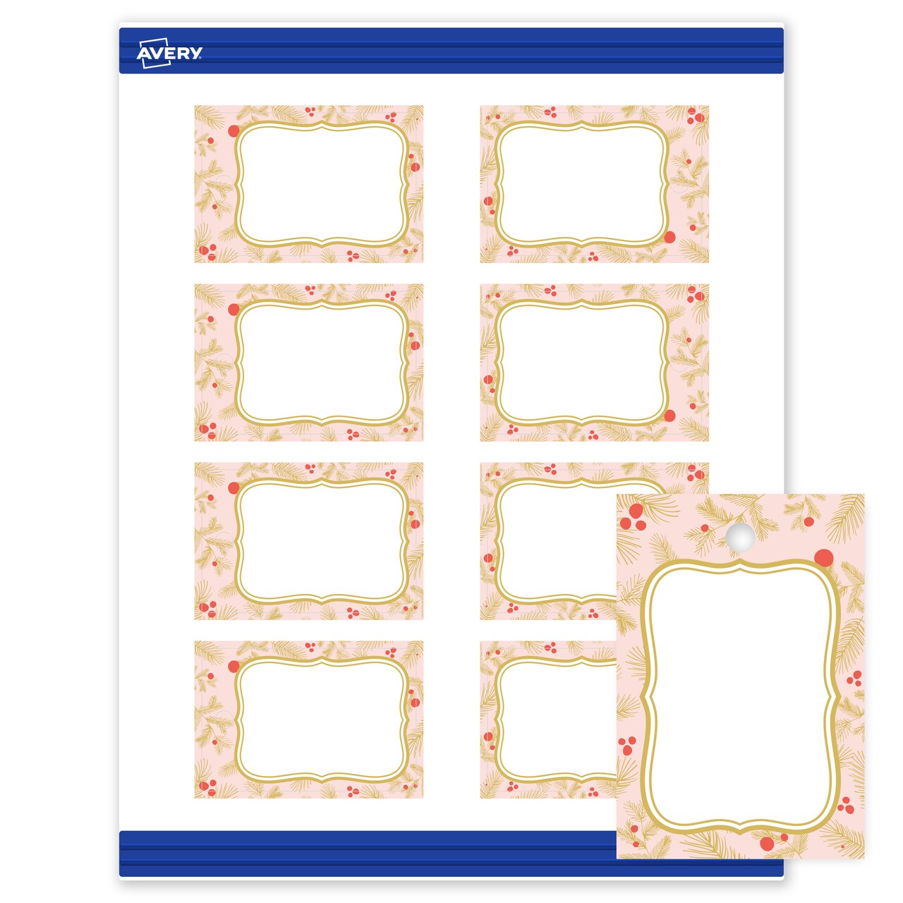 Avery Printable Tags with Sure Feed Technology, Rectangle, 2" x 3", Pre-Printed Pink & Metallic Gold Border with Holly Design, Matte White, Laser & Inkjet Compatible, 80 Total